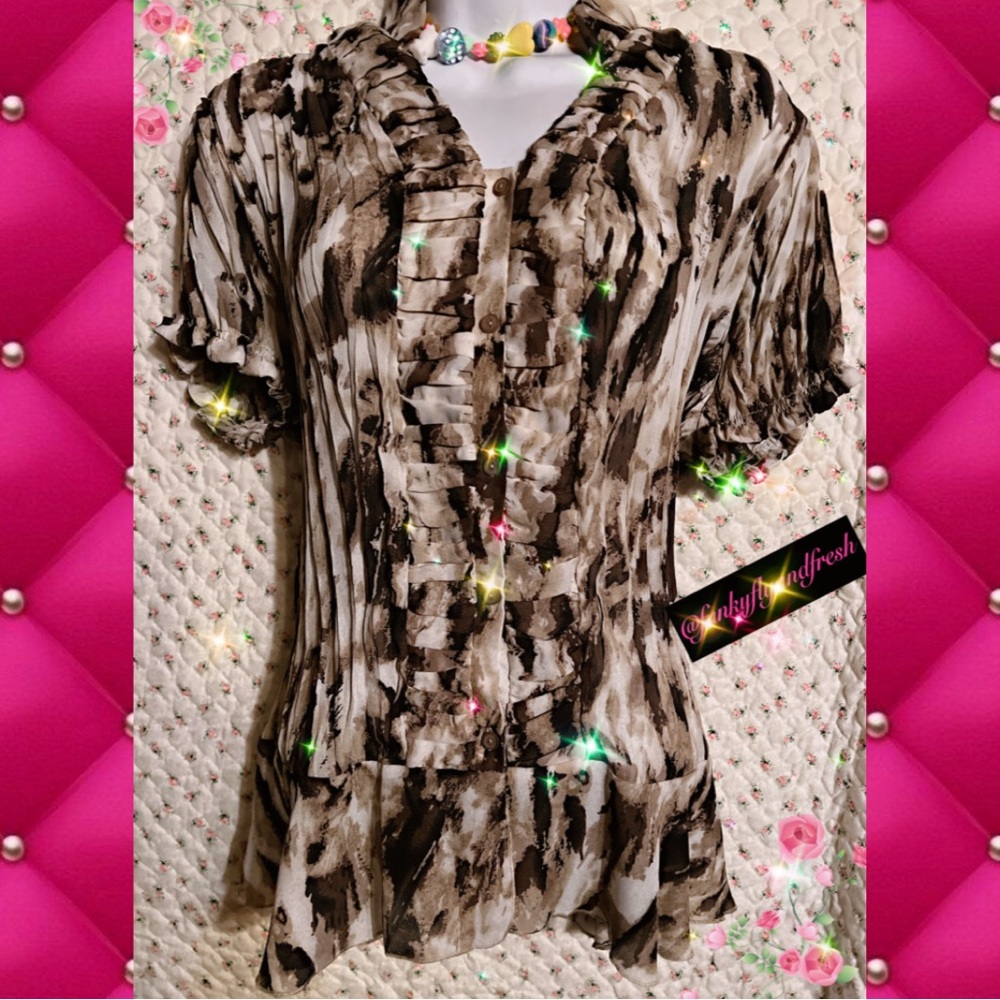Dress Barn y2k lovely sheer short puff sleeve ruffle front button down blouse.